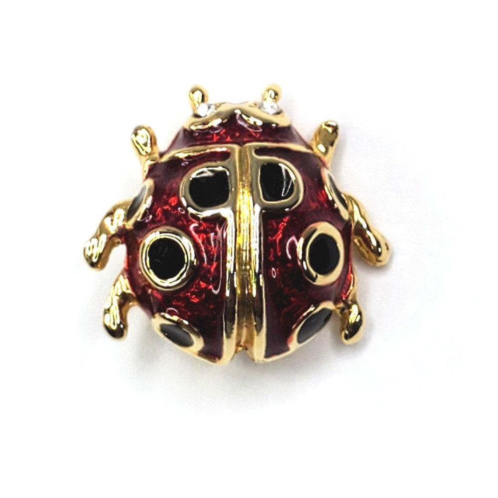 Small Ladybug Brooch Pin In Red & Gold With Rhinestone Eye 3/4 inch